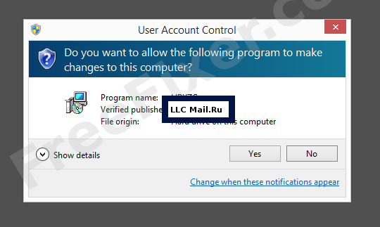 Screenshot where LLC Mail.Ru appears as the verified publisher in the UAC dialog